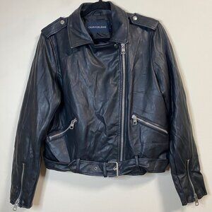 Calvin Klein Jeans Women's Black Faux Leather Jacket Large Moto Style Zip Pocket